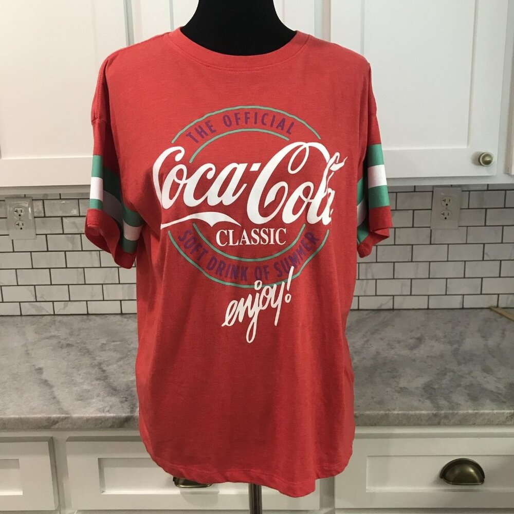 Coca-Cola Classic Shirt Mens Medium Red Graphic Tee Striped Sleeve Enjoy Soda